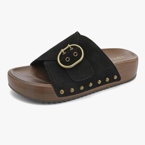 Ubfen Genuine Leather Black Slide Sandals Size 11 Women’s